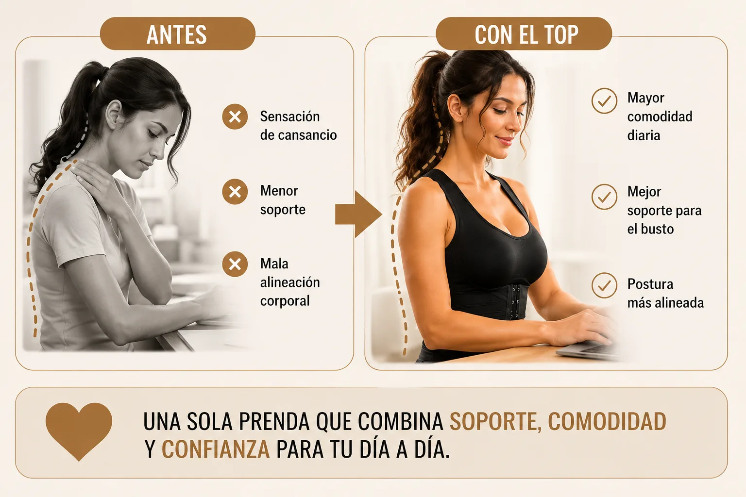 Comparación antes y después usando el corrector de postura NÜMA
