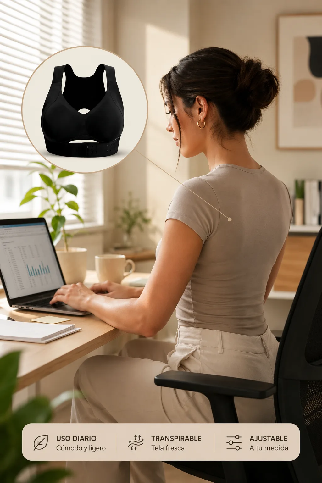 Mujer con postura erguida trabajando en su escritorio, usando el corrector NÜMA