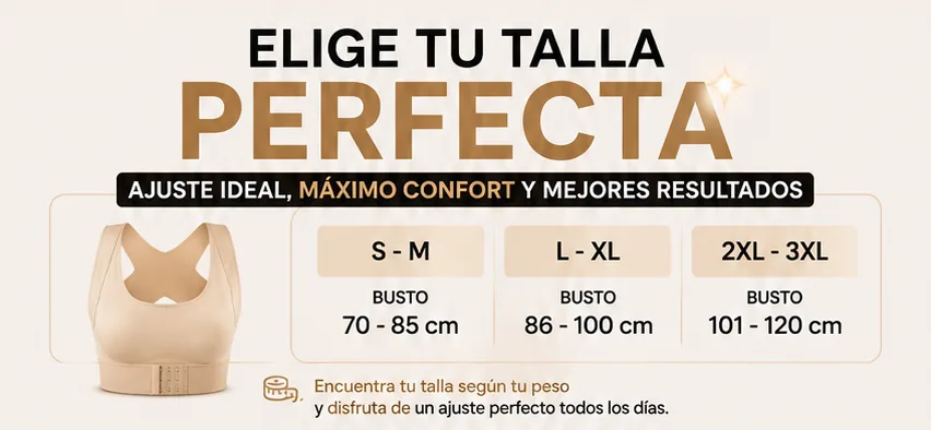 Guía de tallas: S-M busto 70-85cm, L-XL busto 86-100cm, 2XL-3XL busto 101-120cm