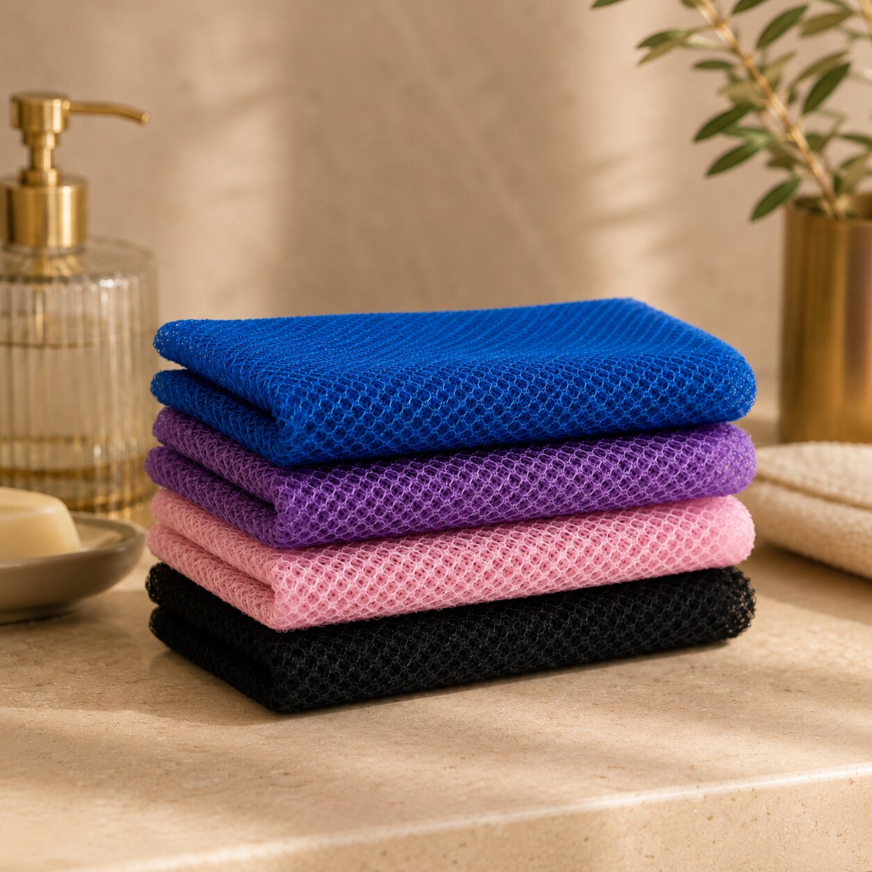 NÜMA redes exfoliantes africanas apiladas en varios colores